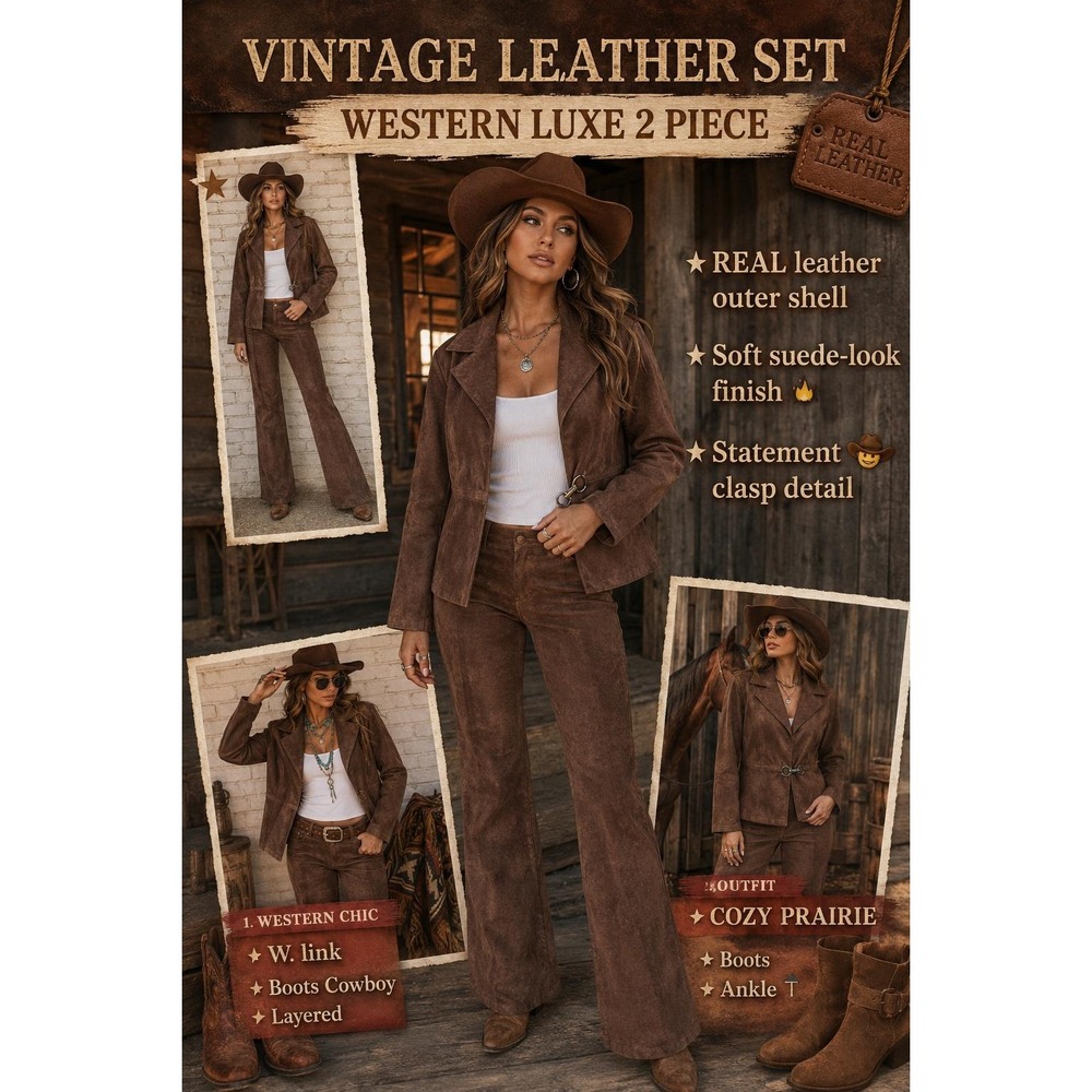 Vintage Leather 2 Piece Set Brown Western Boho Jacket Pants Y2K Chic Outfit L/14